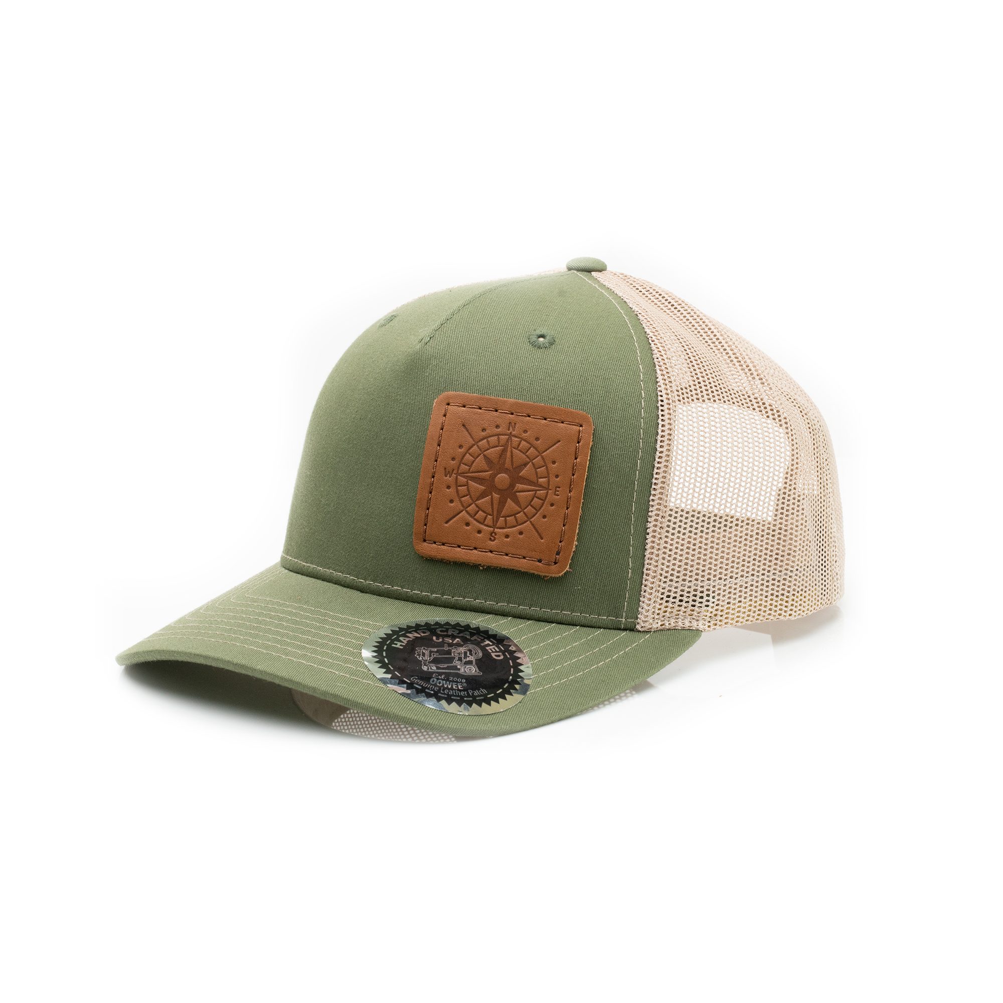 Leather Patch Trucker Hat; Olv Green/Tan; Pick a Logo- Oowee Products