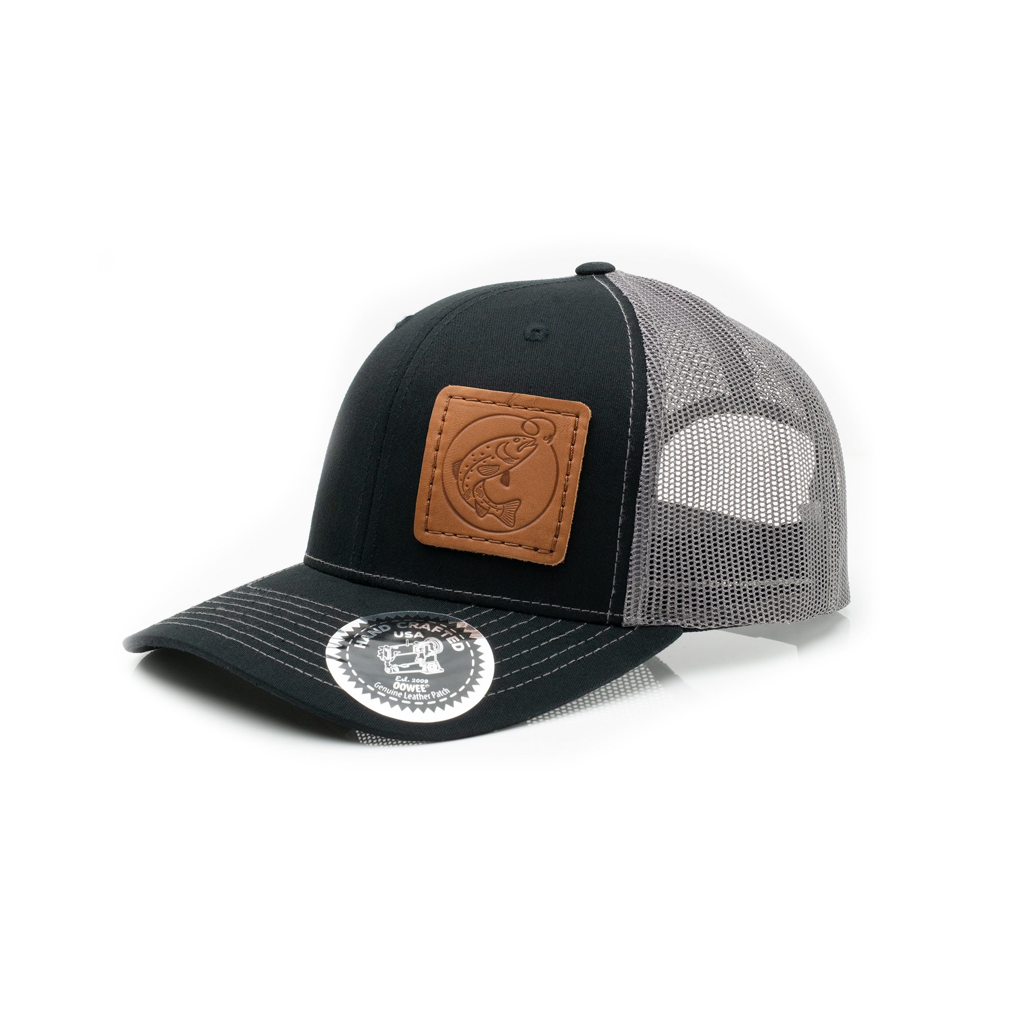 Leather Patch Trucker Hat; Black/Charcoal; Pick a Logo Oowee Products